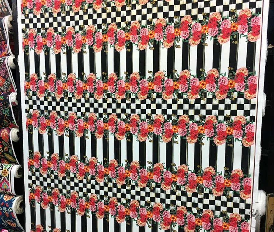 Checkerboard and Floral Patterned Vertical Striped Upholstery Fabric Checkerboard and Floral Patterned Vertical Striped Upholstery Fabric - Image 1