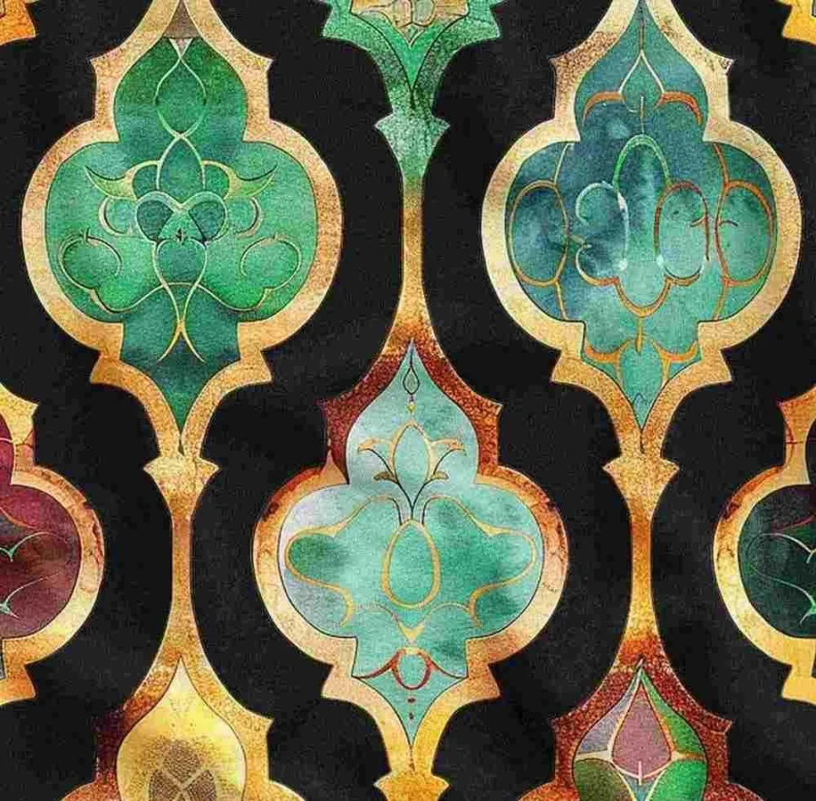 Gold-Outlined Colored Black Background Geometric Upholstery Fabric Model Gold-Outlined Colored Black Background Geometric Upholstery Fabric Model - Image 1