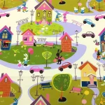 Houses and Cars Patterned Children's Curtain Fabric