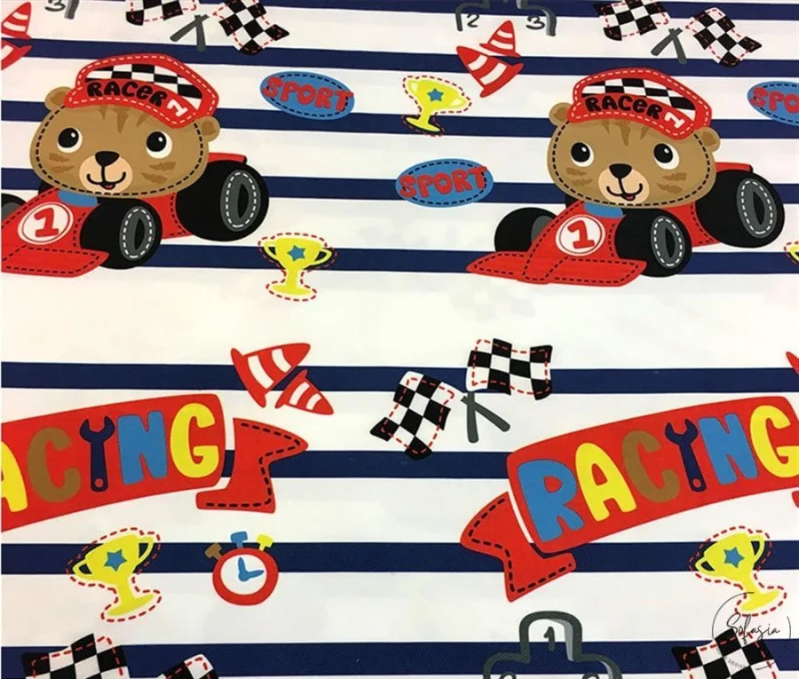 Race Car Patterned Striped Children's Curtain Fabric Race Car Patterned Striped Children's Curtain Fabric - Image 1