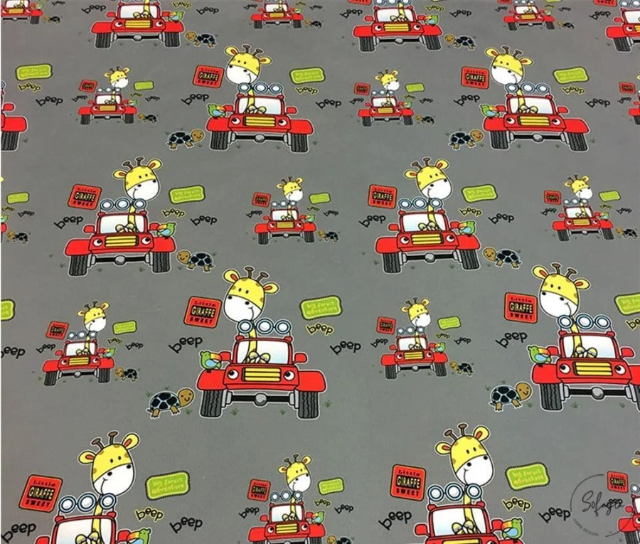 Red Car Giraffe Figurine Children's Curtain Fabric Red Car Giraffe Figurine Children's Curtain Fabric - Image 1