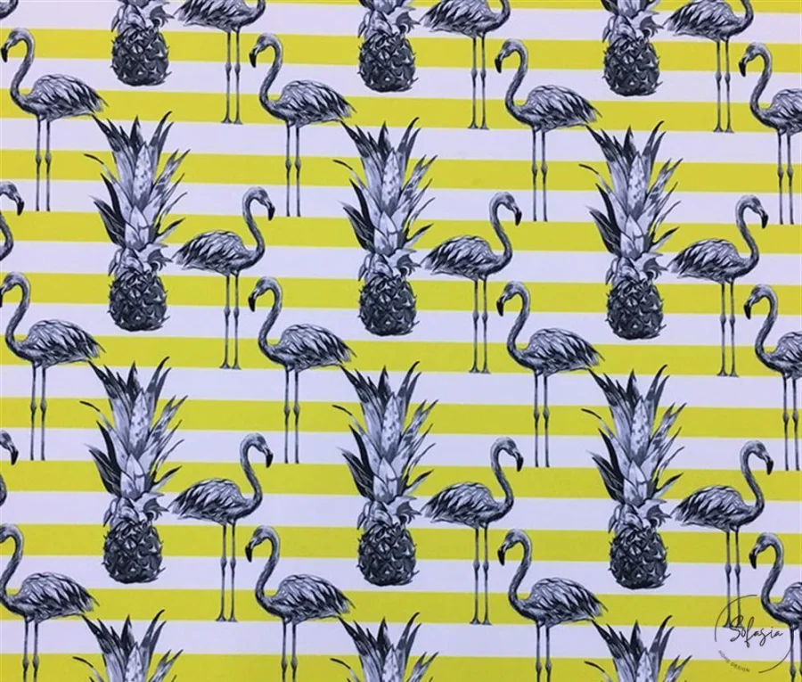 White Yellow Striped Backdrop Flamingo Tropical Drapery Fabric White Yellow Striped Backdrop Flamingo Tropical Drapery Fabric - Image 1