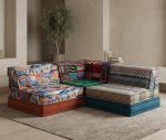 Floor sofa for adults with colorful boho tapestry patterns in modern living room setting