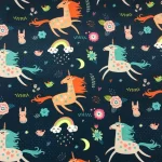 Black Children's Fabric with Unicorn Horse Pattern