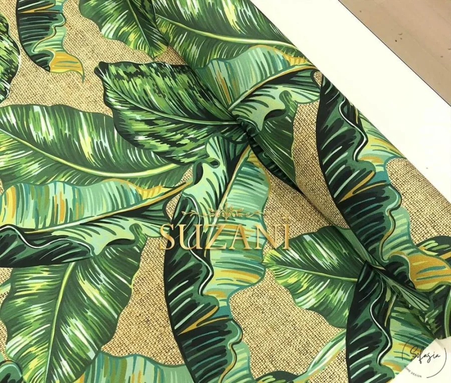 Burlap Background Tropical Leaf Pattern Upholstery Fabric Burlap Background Tropical Leaf Pattern Upholstery Fabric - Image 1