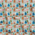 Gingerbread Man Patterned, Aqua Green Kitchen and Cupcake Themed Upholstery Fabric