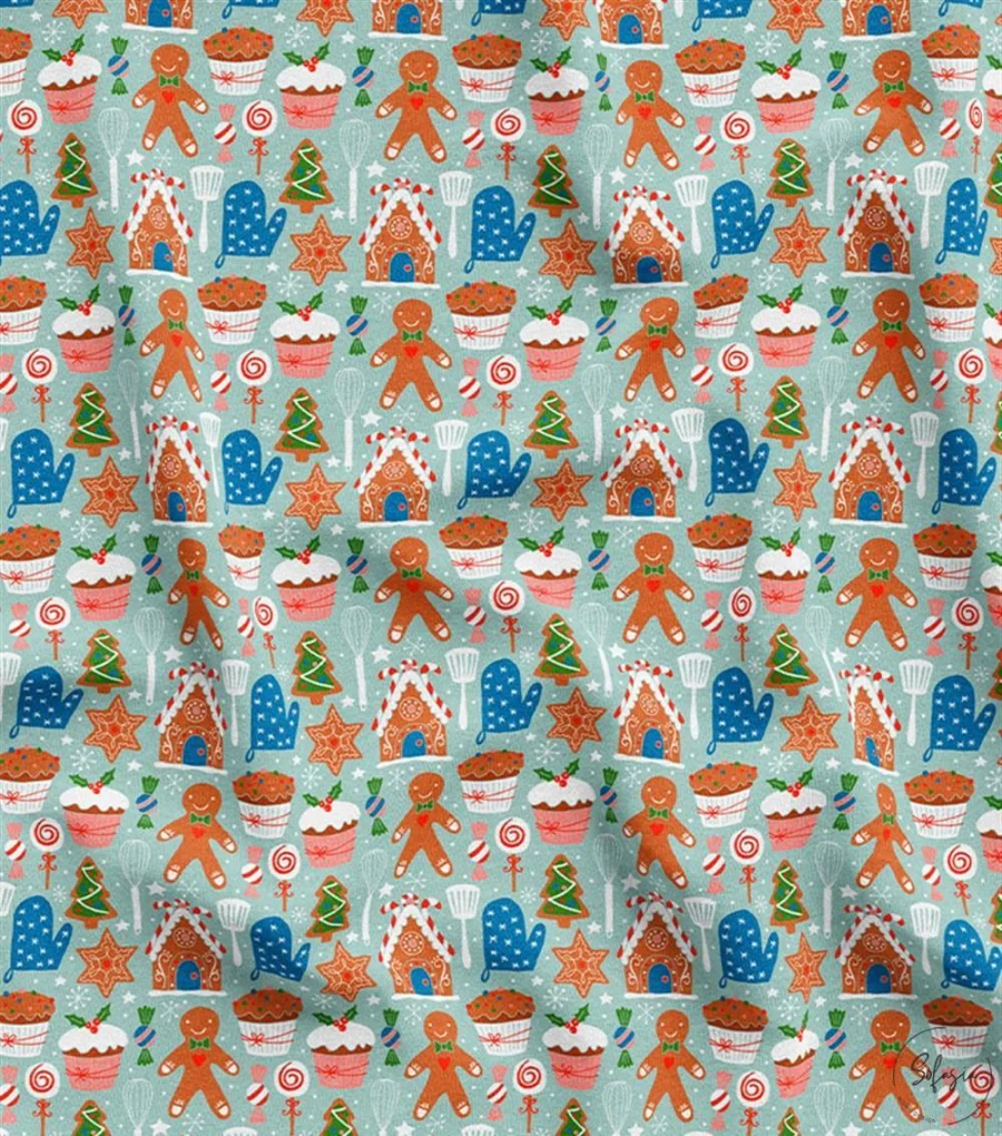 Gingerbread Man Patterned, Aqua Green Kitchen and Cupcake Themed Upholstery Fabric Gingerbread Man Patterned, Aqua Green Kitchen and Cupcake Themed Upholstery Fabric - Image 1