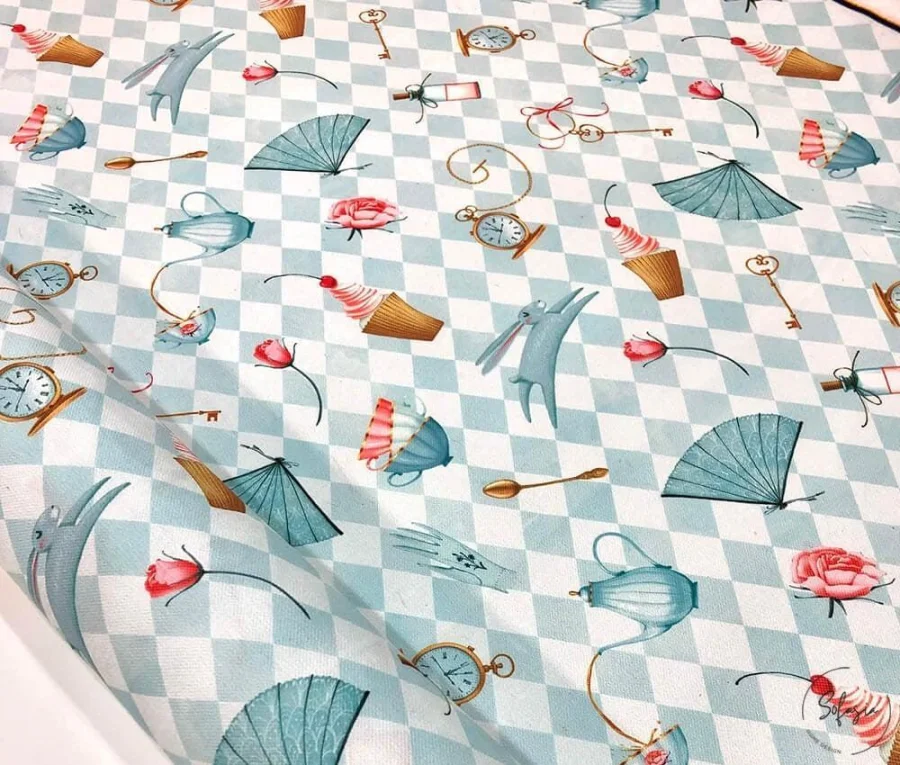 Light-colored fabric with Alice pattern and checkerboard design. Light-colored fabric with Alice pattern and checkerboard design. - Image 1