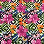 Pink Butterfly and Flower Patterned Checked Upholstery Fabric