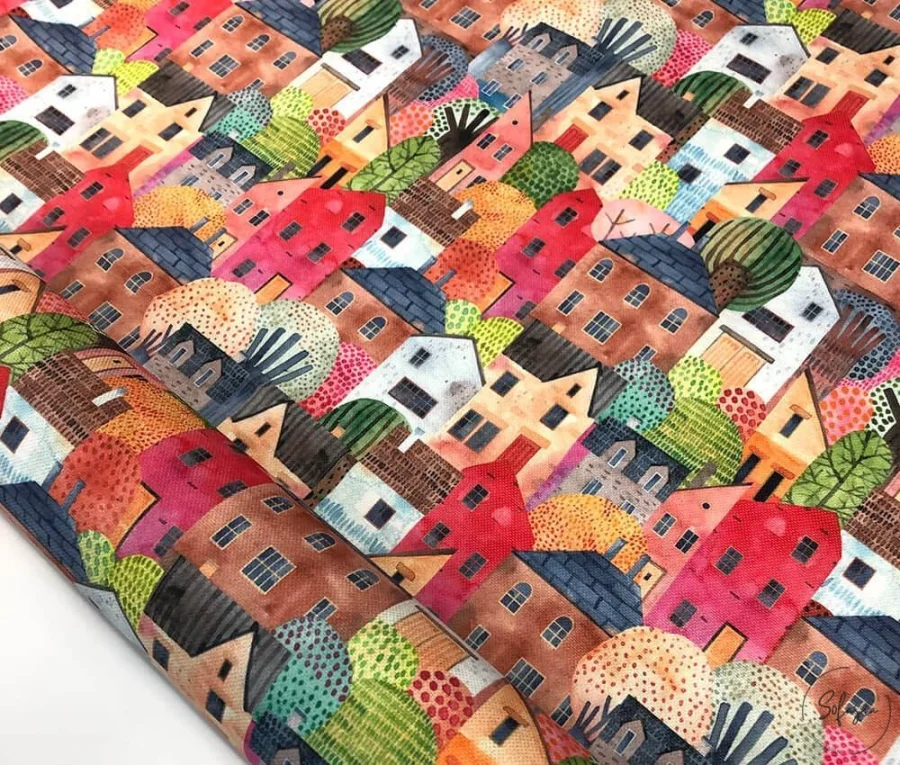 Tiny Houses Patterned Sofa Upholstery Fabric Tiny Houses Patterned Sofa Upholstery Fabric - Image 1