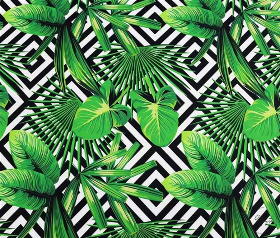 Tropical Leaf Pattern Upholstery Fabric on Geometric Squares Tropical Leaf Pattern Upholstery Fabric on Geometric Squares - Image 1