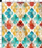 Watercolor Moroccan Pattern on Gold Foil Fabric - Turquoise and Red - Image 3