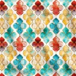 Watercolor Moroccan Pattern on Gold Foil Fabric - Turquoise and Red
