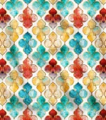 Watercolor Moroccan Pattern on Gold Foil Fabric - Turquoise and Red
