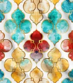 Watercolor Moroccan Pattern on Gold Foil Fabric - Turquoise and Red - Image 4