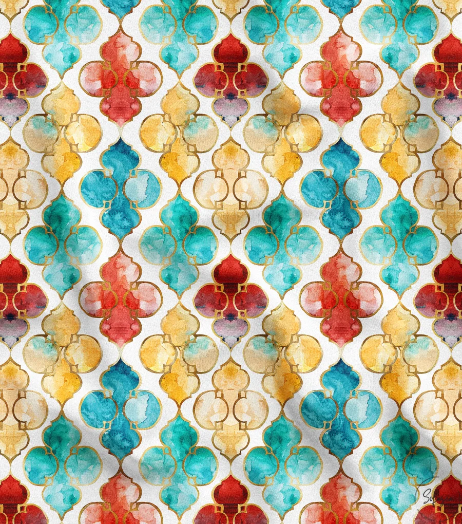 Watercolor Moroccan Pattern on Gold Foil Fabric - Turquoise and Red Watercolor Moroccan Pattern on Gold Foil Fabric - Turquoise and Red - Image 1